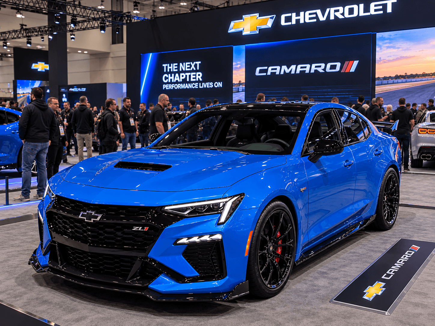 Blue four-door Camaro interpretation in an imagined Chevrolet auto-show setting; unofficial concept illustration.