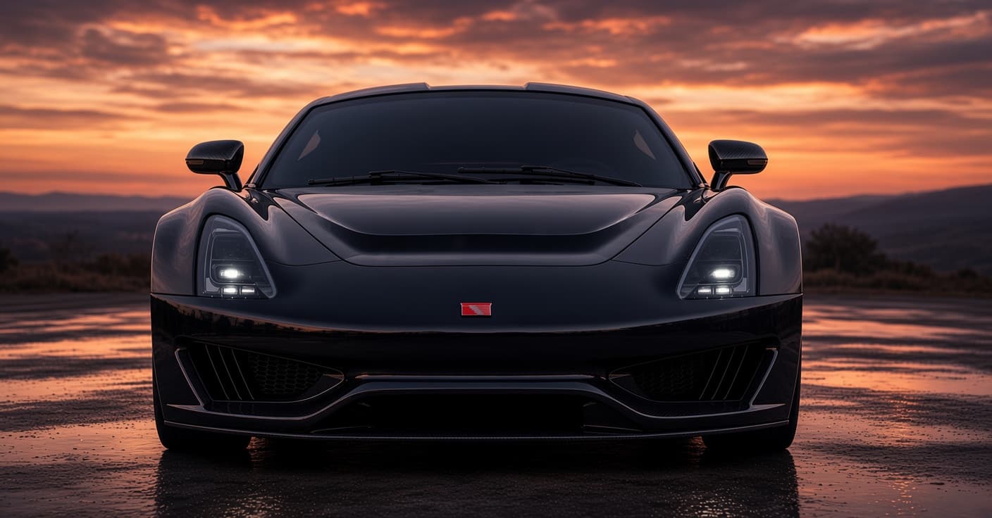 Dark car viewed from the front against an orange sunset.