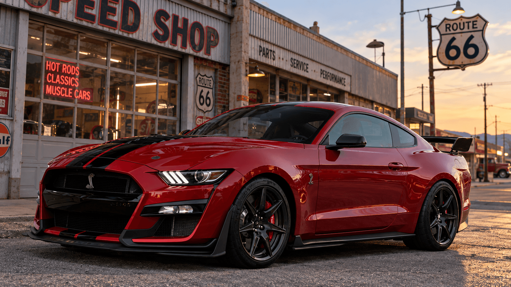 Red Ford Mustang Shelby GT500 with black stripes and cobra badges outside a Route 66 speed shop.