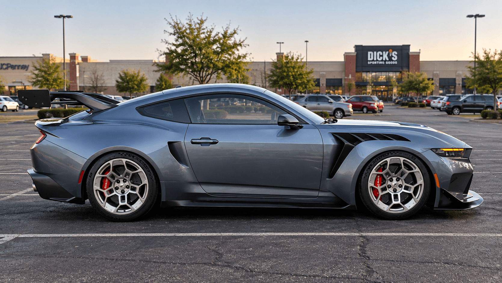 Gray Ford Mustang GTD in profile with vented front fenders and a large rear wing.