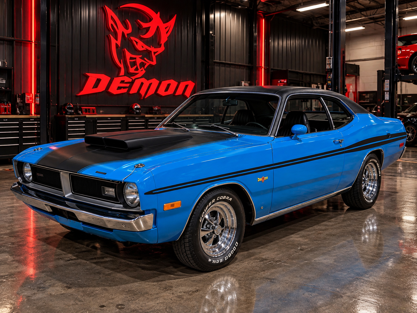 Blue owner-identified 1972 Dodge Demon with a black roof and hood, in a garage.