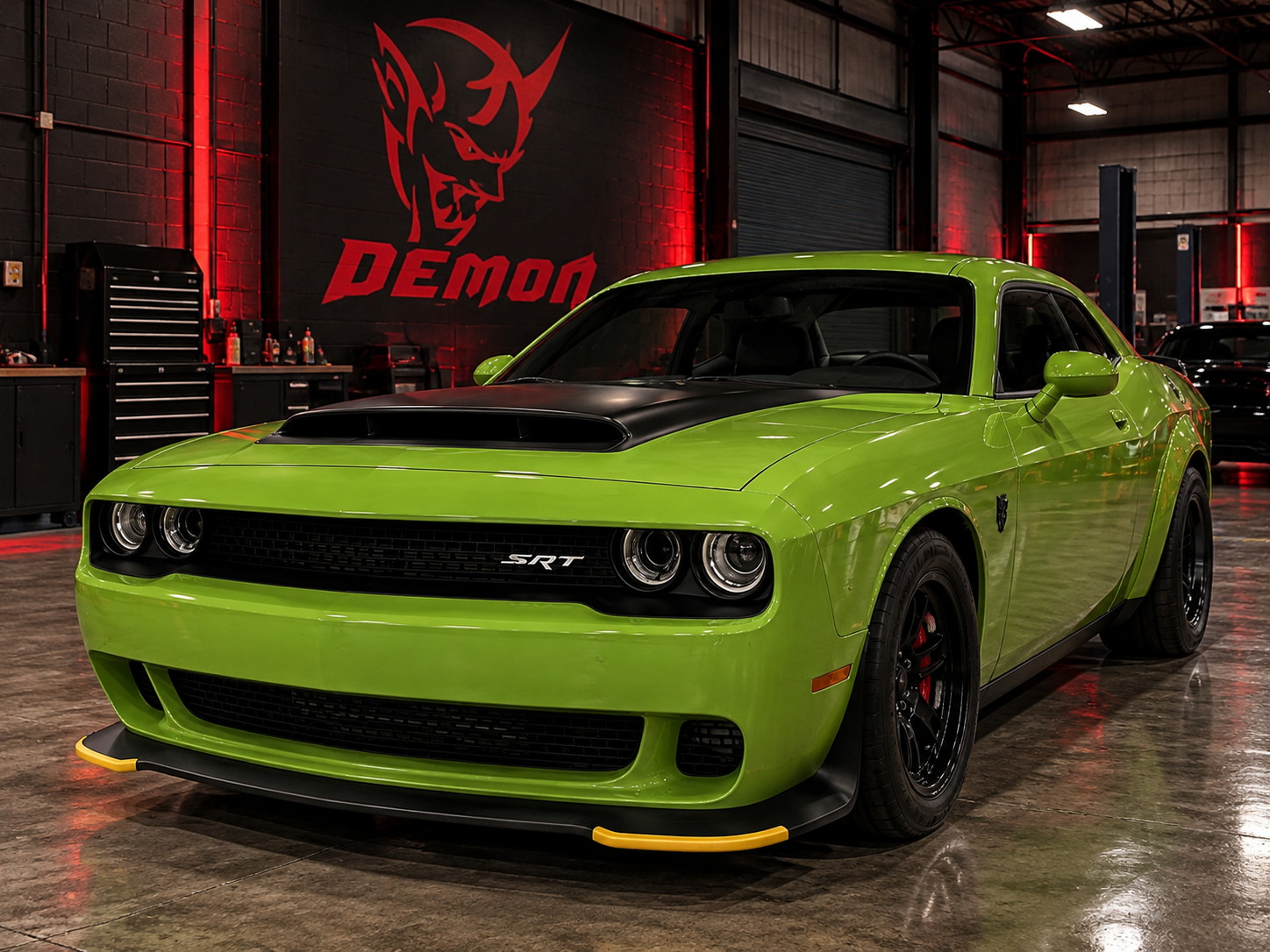 Green owner-identified 2018 Dodge Challenger SRT Demon in a garage.