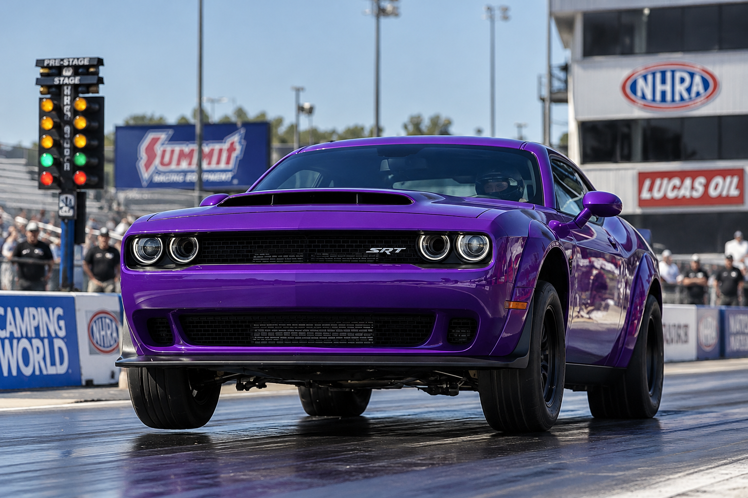 Purple owner-identified 2023 Dodge Challenger SRT Demon 170 launching at a drag strip.