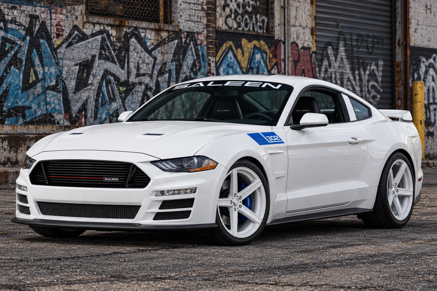 White modern Saleen S302 Mustang with blue 302 graphics viewed from the front three-quarter angle.