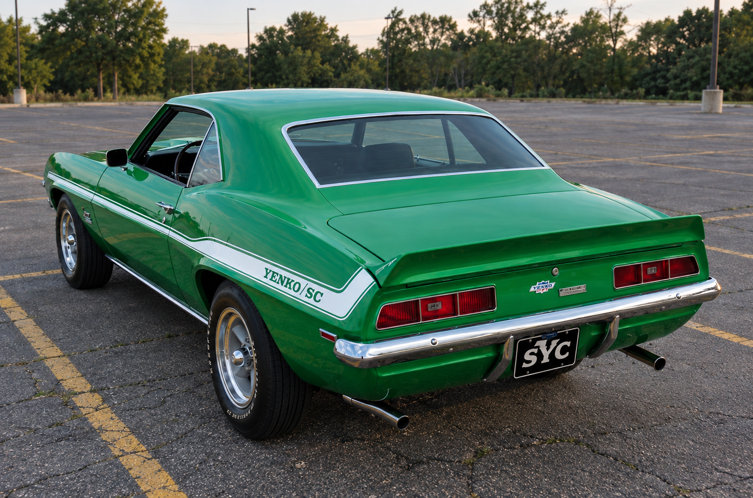 Green 1969 Yenko/SC Camaro photographed from the rear three-quarter angle, showing Yenko/SC side striping, a rear deck spoiler, and an SYC rear license plate.