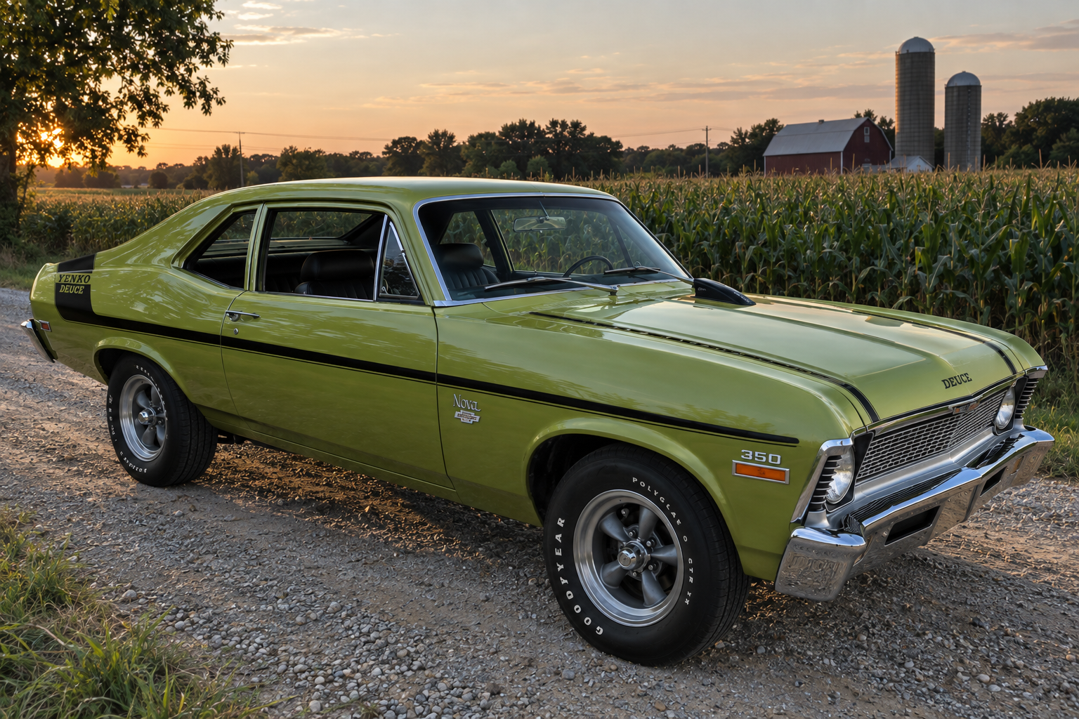 Olive-green 1970 Chevrolet Nova with Yenko Deuce side script and a hood-mounted air scoop, photographed from the front three-quarter angle.